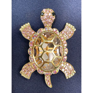 NWOT Turtle Brooch Pin Gold Toned Champagne Crystal Rhinestone Lapel Pin